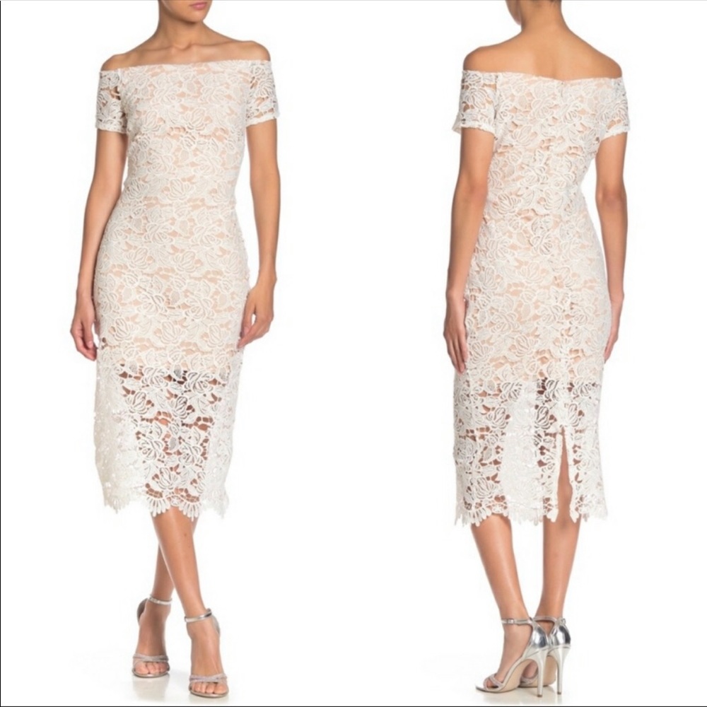 MARINA NWT White Lace Overlay Dress Off Shoulder M